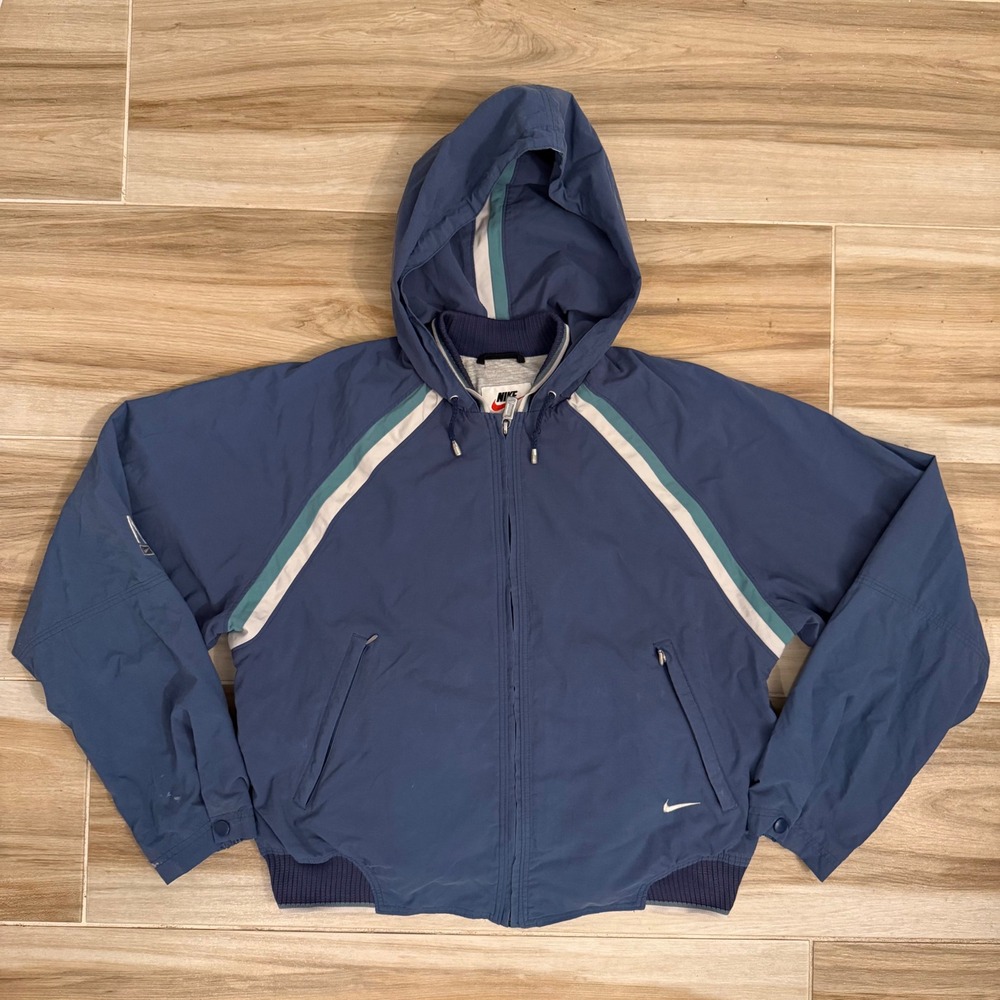 Vtg 90s Nike Windbreaker Jacket Hooded Blue Teal Boys L Fits Womens XS Small